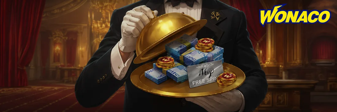Wonaco waiter presenting cash and free spins on a golden tray