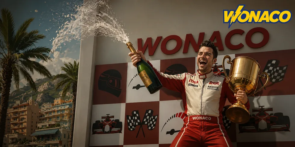 Wonaco racing driver celebrating with a trophy and champagne at the podium