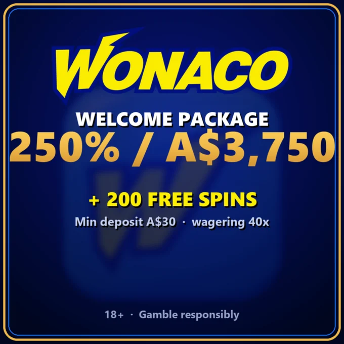 Wonaco welcome package 250% up to A$3,750 plus 200 free spins for Australian players