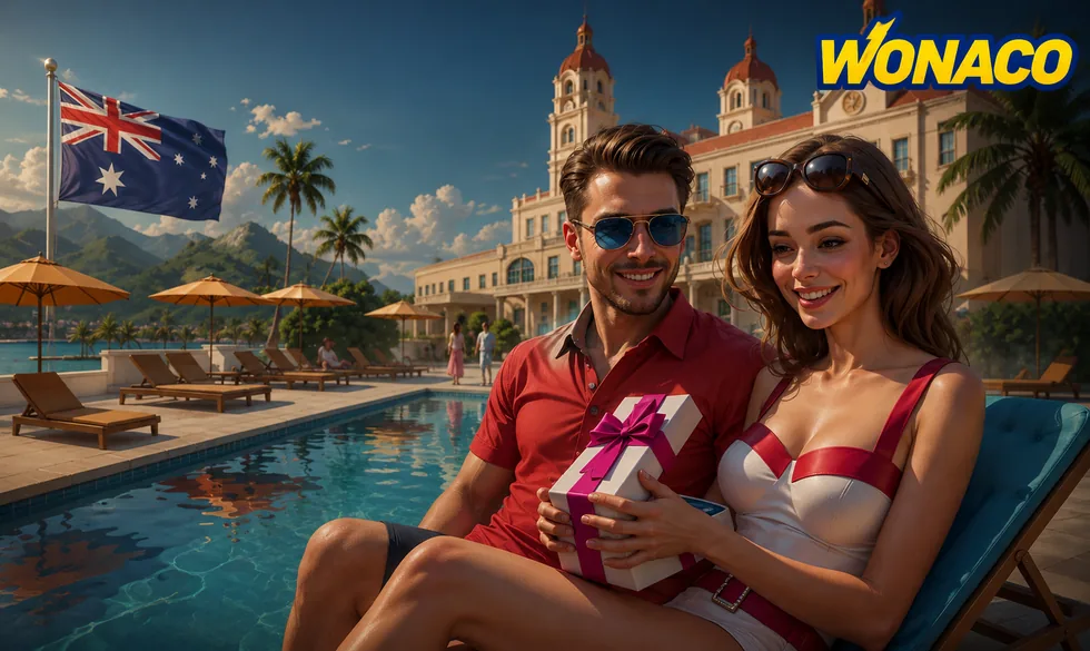 Wonaco welcome gift promotion with a couple by the pool and the Australian flag