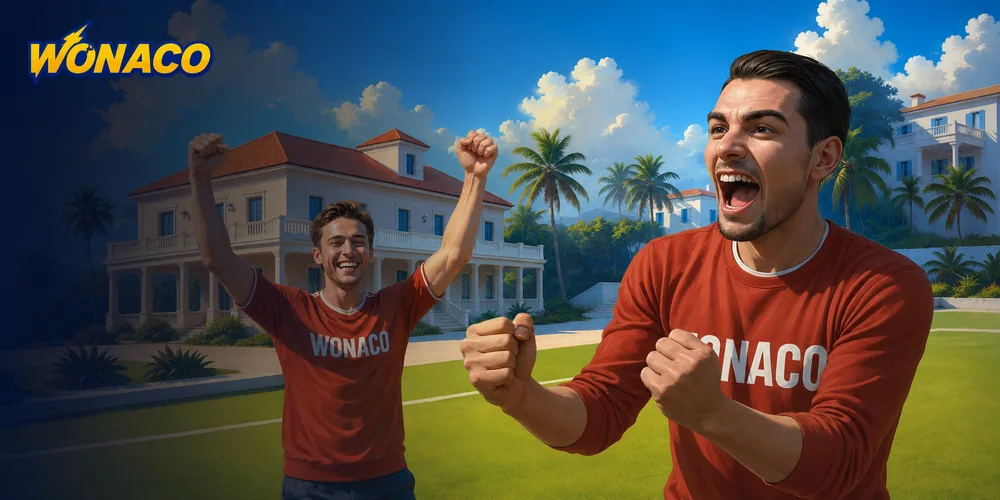 Two Wonaco players celebrating outside a villa after a win